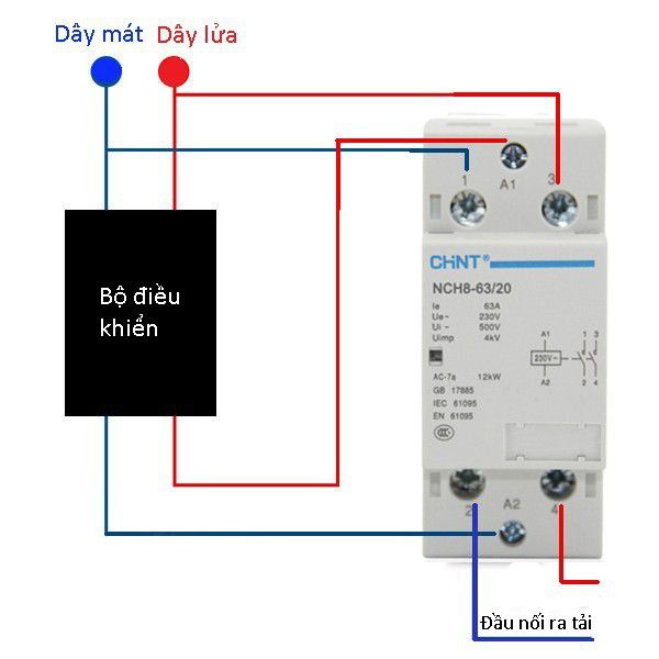 Khởi Động Từ Contactor 1 Pha 63A 2P 220V Chint NCH8-63/20 sử dụng cho máy bơm, thiết bị gia đình,.sử dụng tải tối đa 63A