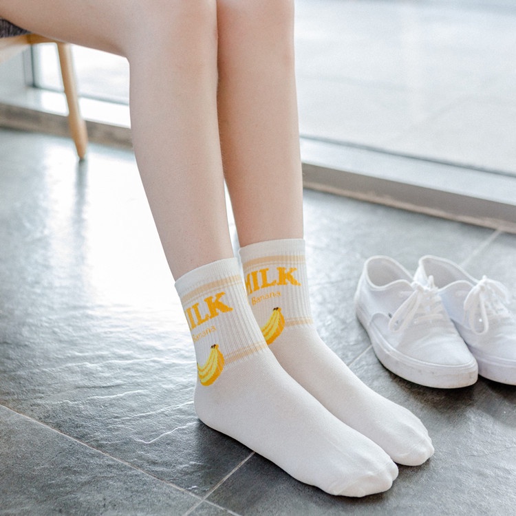 WAFNHA D31 Vớ Cotton Cổ Vừa In Họa Tiết Dâu Tây/Chuối/Dâu Tây Phong Cách Hàn Quốc Xinh Xắn Cho Nữ