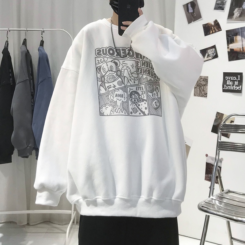 Áo sweater cổ tròn dáng rộng tay dài in họa tiết hoạt hình phong cách Hong Kong thời trang mùa thu 2021 cho nam