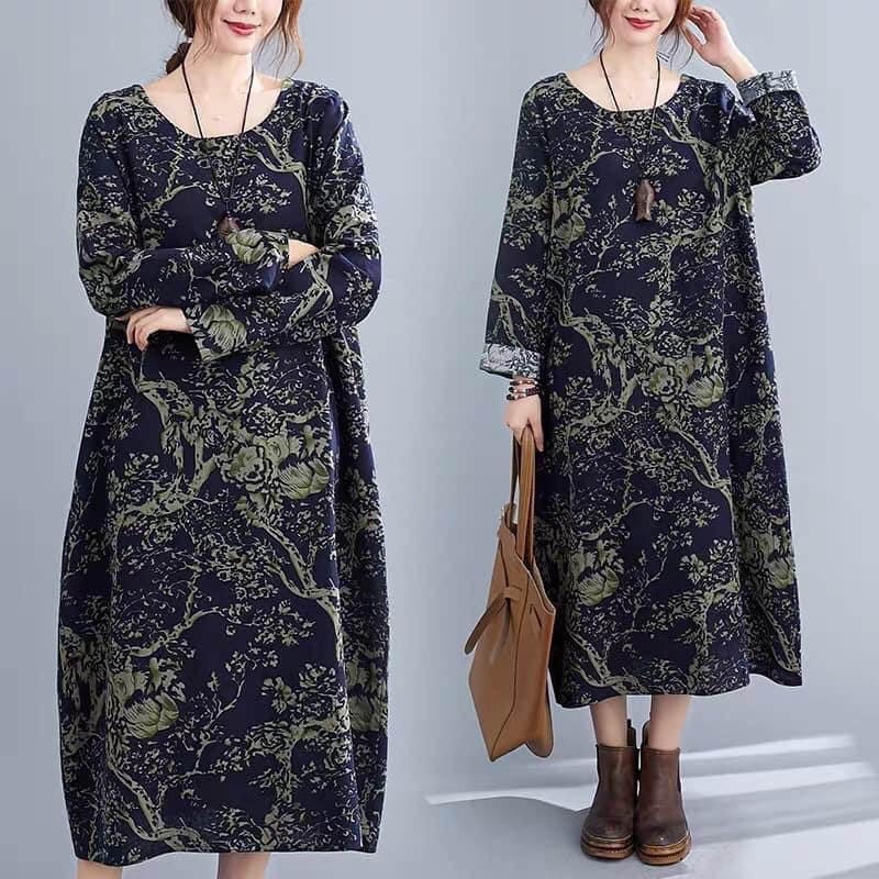 Bigsize dưới 75kg Váy suông rộng big size bầu mặc được, dài tay hoạ tiết lạ mắt, có túi 2 bên tiện lợi