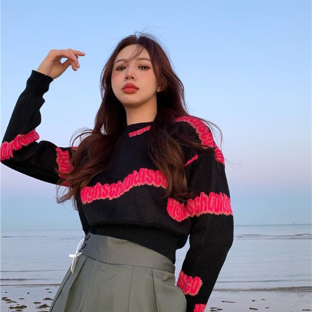 Áo sweater dệt kim dáng ngắn in chữ kiểu retro Hàn Quốc thời trang mùa thu cho nữ