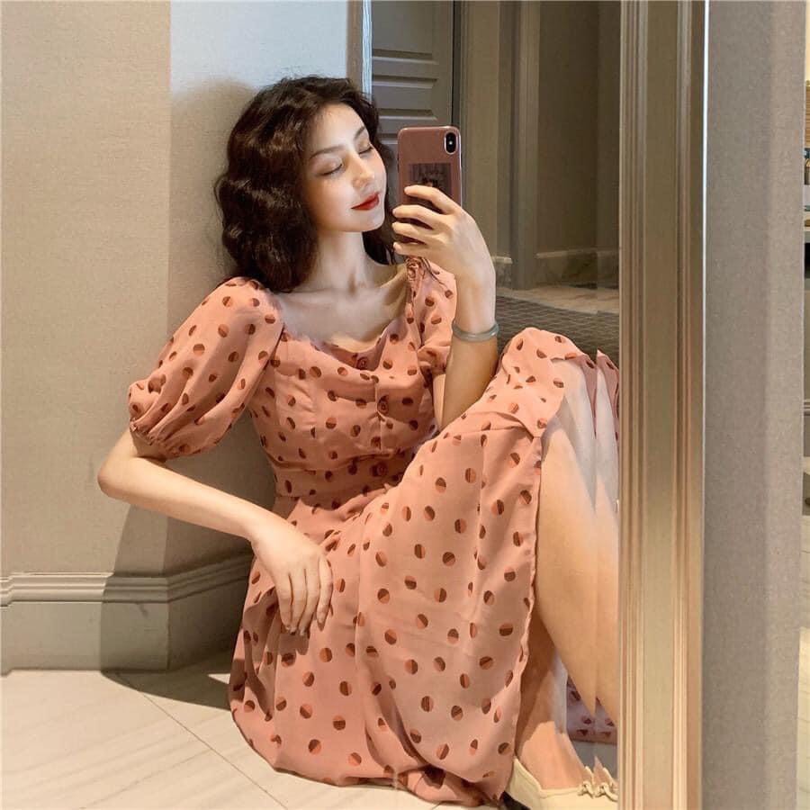 Đầm thiết kế Quảng Châu cao cấp, Váy voan chấm bi hồng dáng maxi tôn dáng cưng xỉu