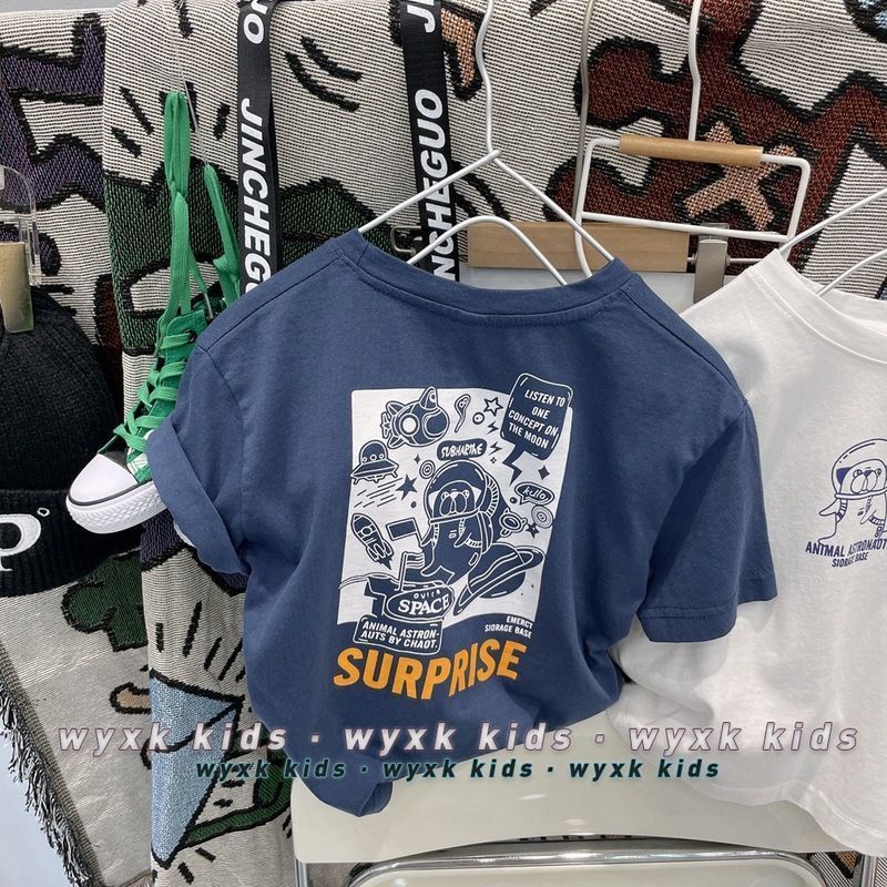 Áo Thun Cotton Ngắn Tay In Chữ Hoạt Hình Phong Cách Hàn Quốc Thời Trang Mùa Hè Cho Bé Trai