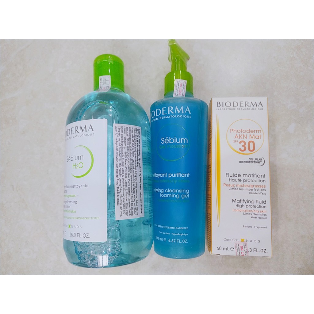 [Combo Bioderma ] Nước tẩy trang bioderma 500ml, sữa rửa mặt 200ml, kem chống nắng 40ML dành cho da dầu nhờn mụn