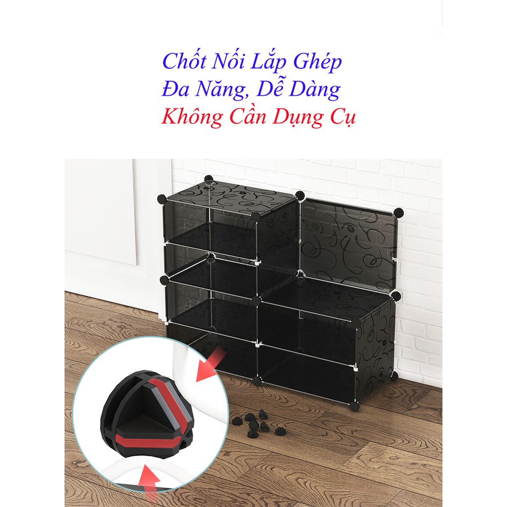 Tủ giày lắp ghép 12 ô (chia ô) có sóng vách đen cửa trắng shoes để giày dép, lắp ghép dễ dàng, tiện dụng, thông minh