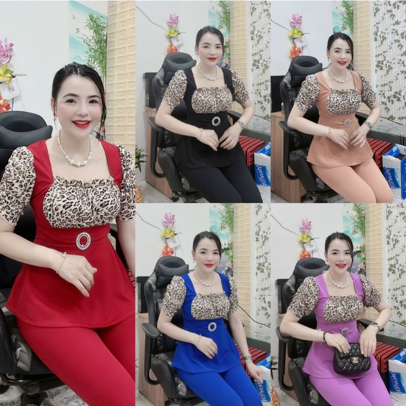 Sét bộ cố vuông phối thun da beo.tch46