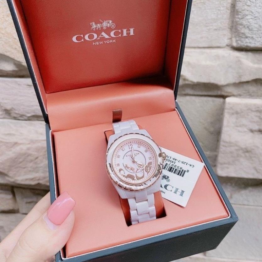 Đồng Hồ Nữ Coach Dây Đá Ceramic Hồng - Nền Hoa Văn Nổi - 32mm