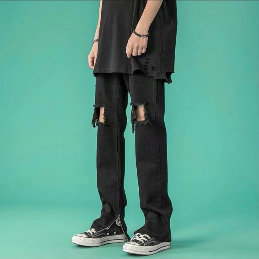 Quần Jeans Rách Phối Khóa Kéo Dáng Rộng Phong Cách Hàn Quốc Thời Trang Cho Nam bigsize quần jean ống suông