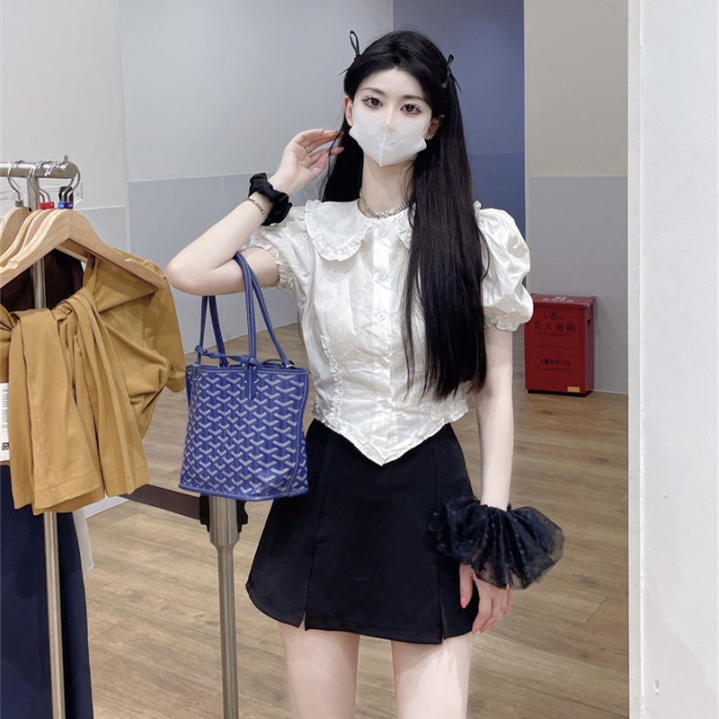 Áo Sơ Mi Tay Ngắn Phồng Cổ Búp Bê Ôm Dáng Phong Cách Hàn Quốc Thời Trang Cho Nữ