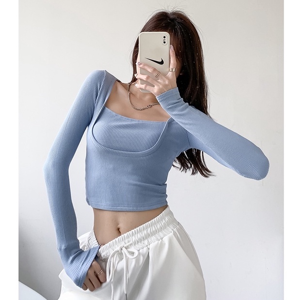 【Cocory】Áo croptop dệt kim form ôm tay dài trẻ trung hợp thời trang cho nữ