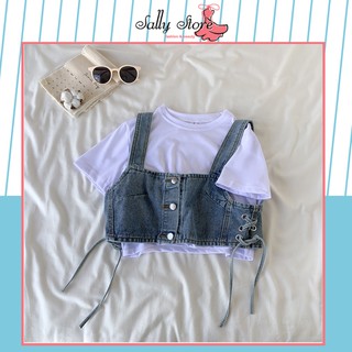 Set áo yếm jeans dáng ngắn kết hợp crotop trắng
