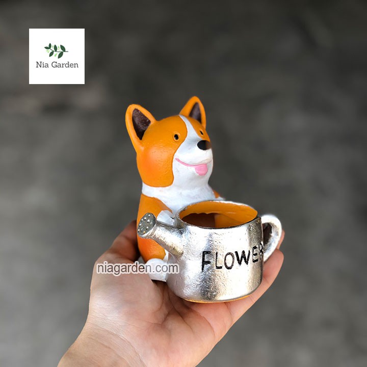 Chậu chó Corgi ôm bình tưới trồng sen đá xương rồng Nia Garden N4