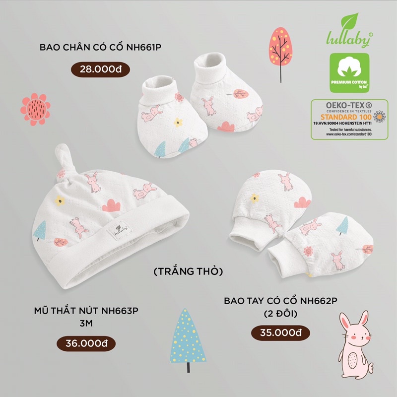 [FAFRINW05 giảm tối đa 30k đơn 150k]Mũ, bao tay bao chân họa tiết Lullaby NH663P