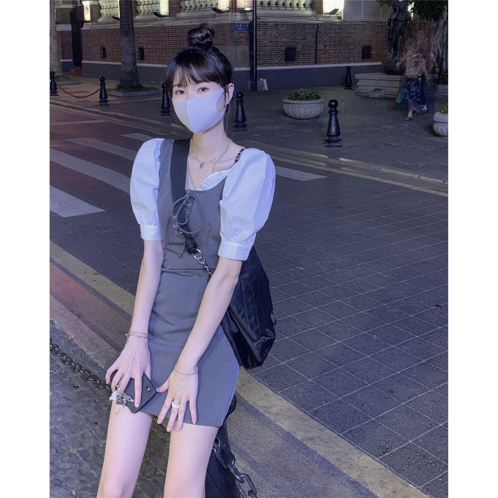 Đầm sơ mi nữ cổ vuông phối tay áo siêu xinh