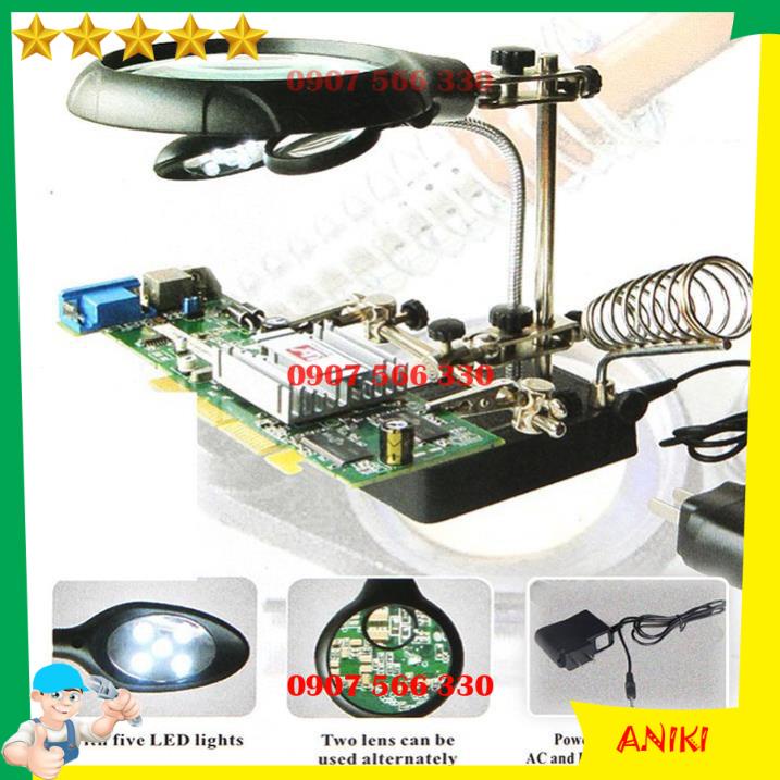 Kính lúp soi kẹp hàn mạch điện tử đa năng có 5 đèn Led phóng đại 2,5X 7,5X 10X QE0460