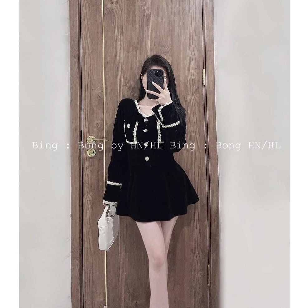 Set nhung ren túi hộp mix chân váy xòe xếp li LT012