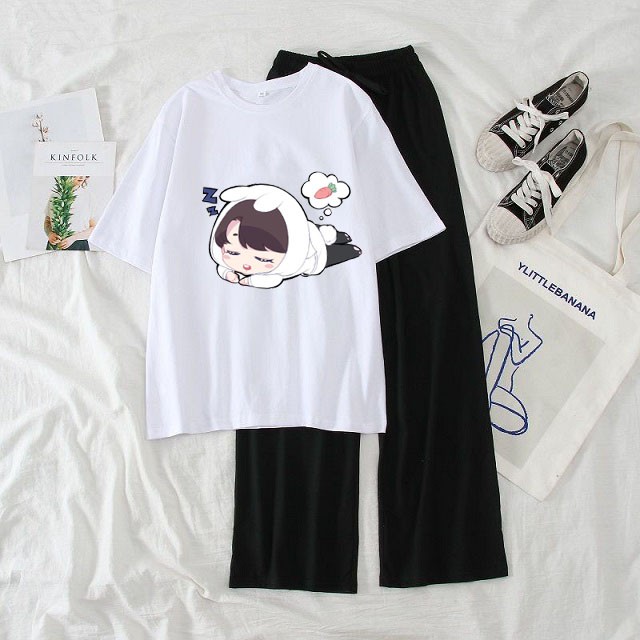 Sét Bộ Thời Trang Nữ Học Sinh Mùa Hè Mặc Đi Chơi, Áo Cotton In Hoạt Hình 3D Bé Yếm Xanh Kèm Quần Ống Rộng Thun Cát | BigBuy360 - bigbuy360.vn