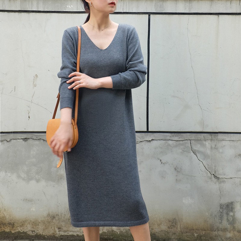 VAY14 - Áo len tăm cổ tim dáng dài, váy len tienich