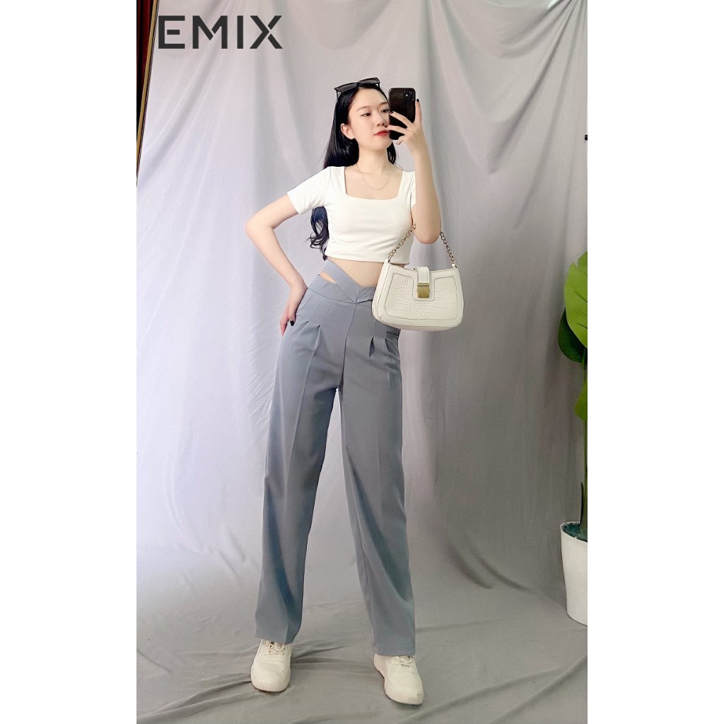 Quần tây nữ ống sớ kiểu mới cạp dây EMIX (2 màu), dáng dài, form rộng, cạp cao, vải tuyết mưa, mềm mịn, không bai xù
