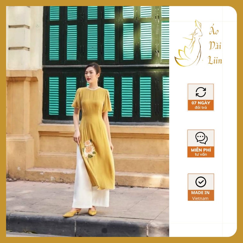 Áo Dài Nữ Cách Tân - Áo Dài Truyền Thống Nữ Thêu Hoa Văn Đính Cổ Ngọc Nhẹ Nhàng AD23
