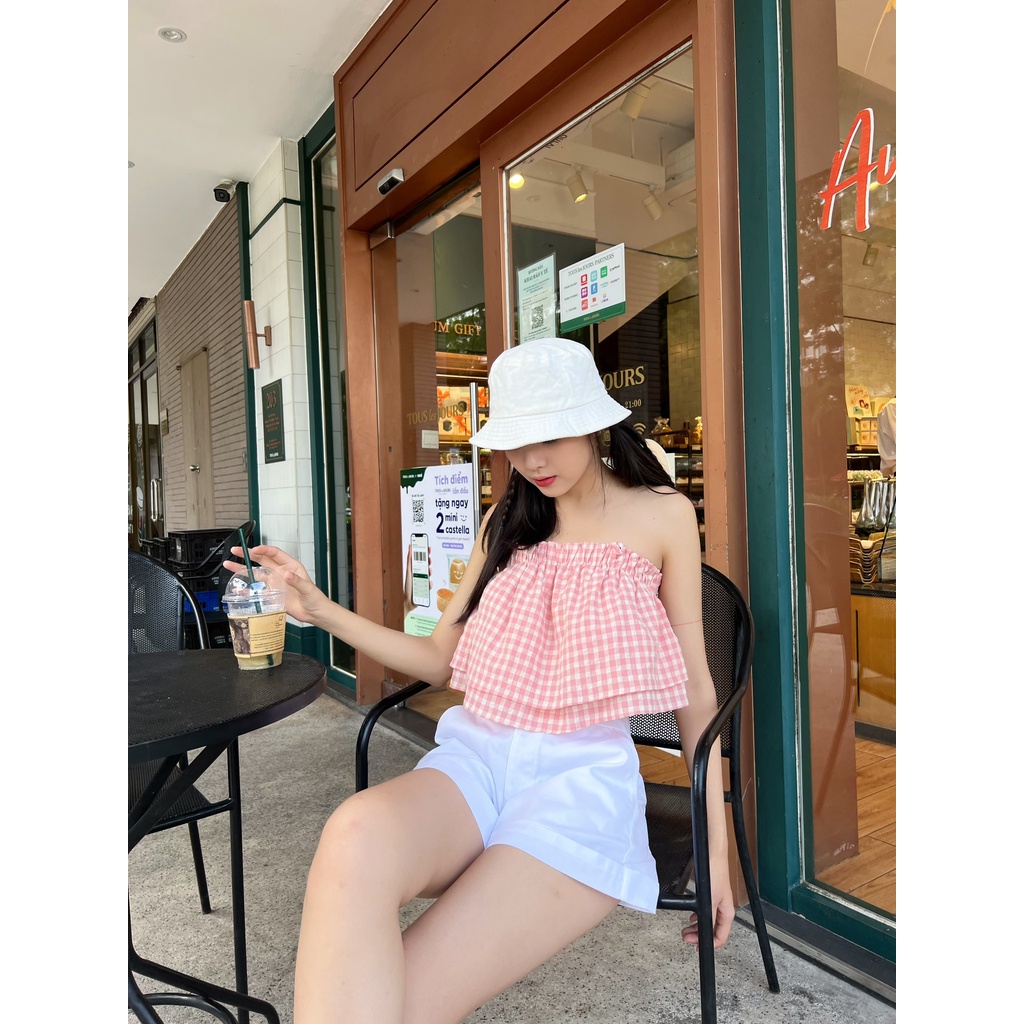 TRIPIEM - Áo croptop hai dây caro hồng viền bèo 2 tầng Pinky Top