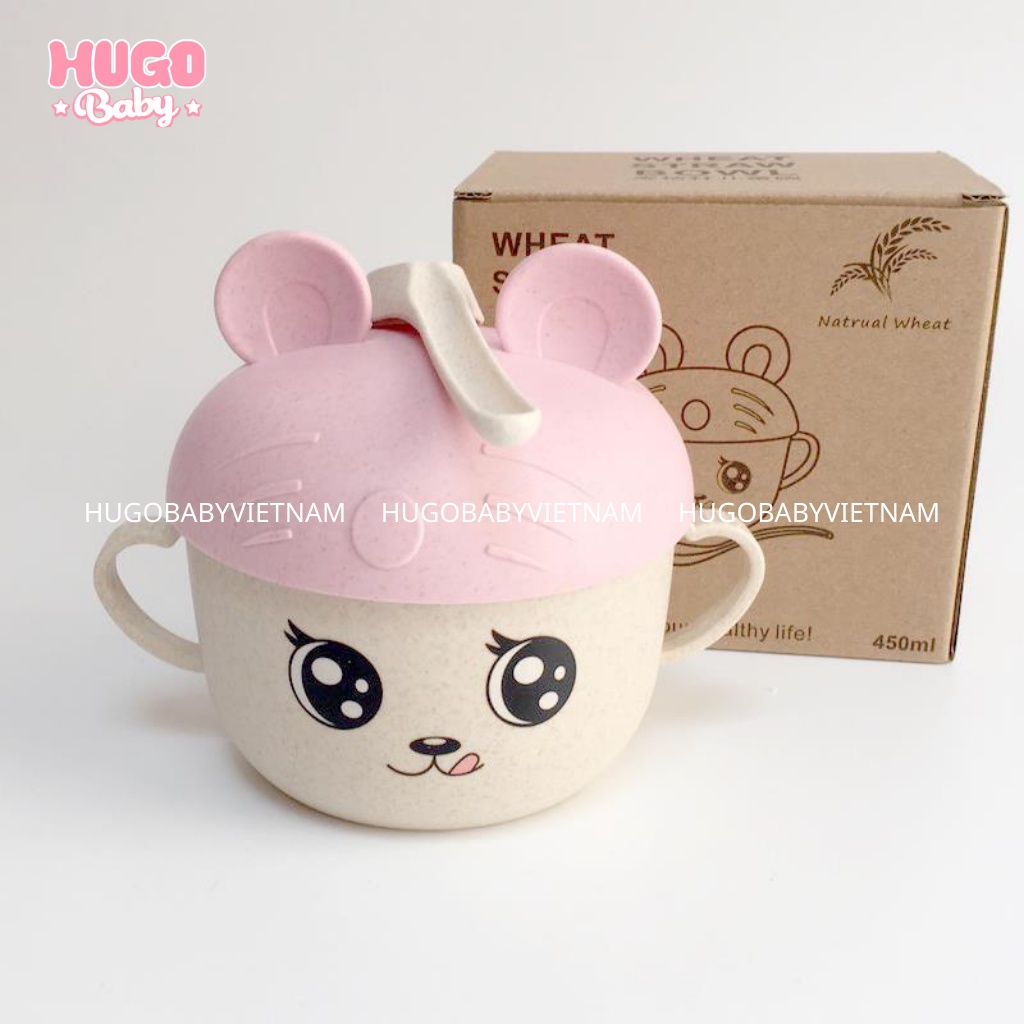 Bát ăn dặm lúa mạch cho bé có nắp đậy kèm thìa Hugo Baby