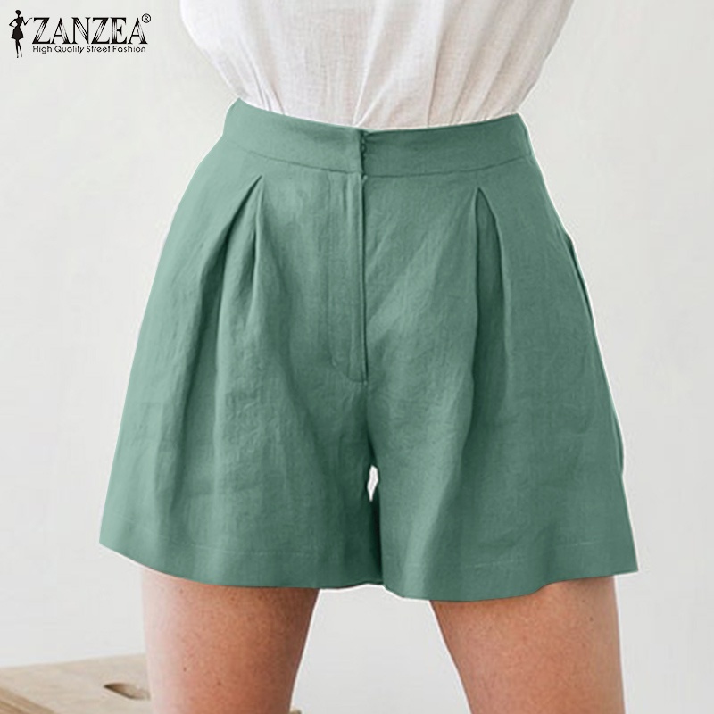 Quần short Zanzea cotton lưng cao dáng rộng màu trơn thời trang Hàn Quốc thích hợp cho nữ