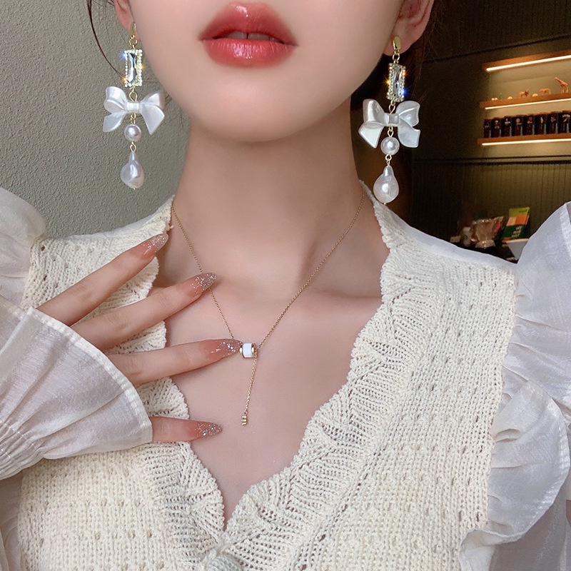 Bông Tai Mạ Bạc 925 Hình Nơ Đính Kim Cương Giả Phong Cách Hàn Quốc