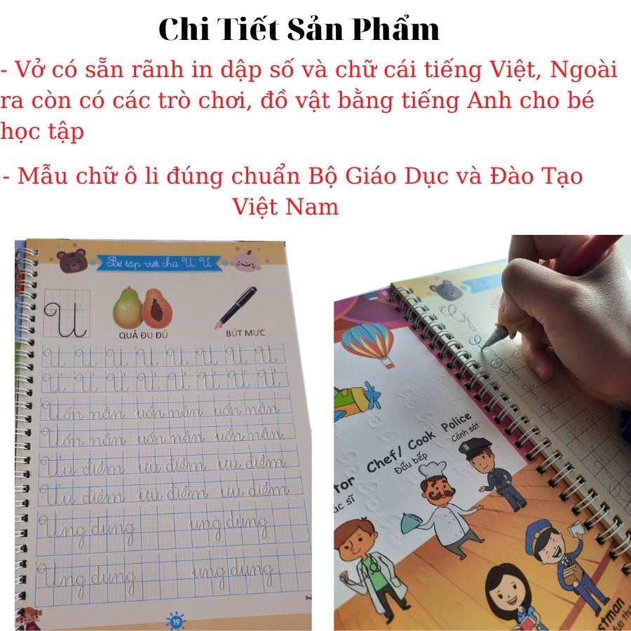 Combo 3 vở luyện viết chữ, số, nét cơ bản tự xóa thần thánh cho bé - tặng kèm bút mực bay màu (2bút + 8ngòi)