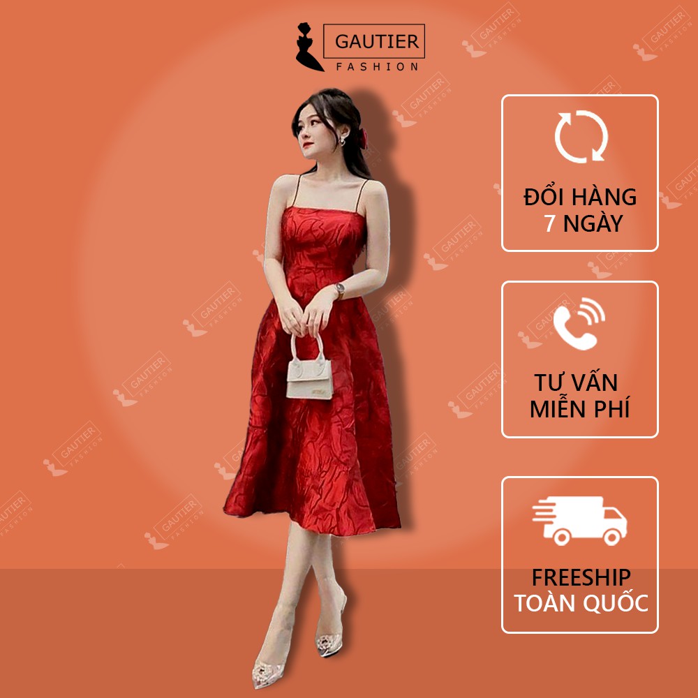 Đầm Váy Nữ Xòe 2 Dây Gấm Hoa Cao Cấp ( Có Mút Ngực ) Thời Trang Gautier, Kiểu Dự Tiệc Đi Chơi Dạo Phố