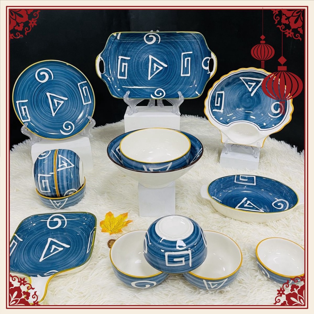 Set 14 Mon Đồ Ăn Cao Cấp Bộ Bát Vuông Họa Tiết Hiện Đại Lịch Sự Phong Cách Châu Âu- Gomsumailinh