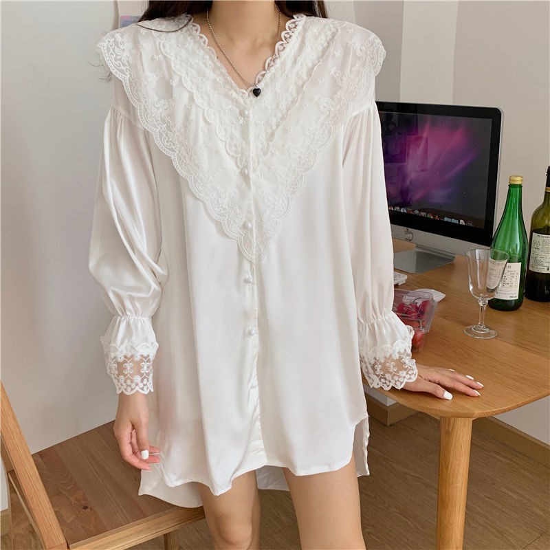 đồ ngủ Tay Dài Vải Lụa Phối Ren Màu Trắng Phong Cách Nhật Bản Quyến Rũ Cho Nữ | BigBuy360 - bigbuy360.vn