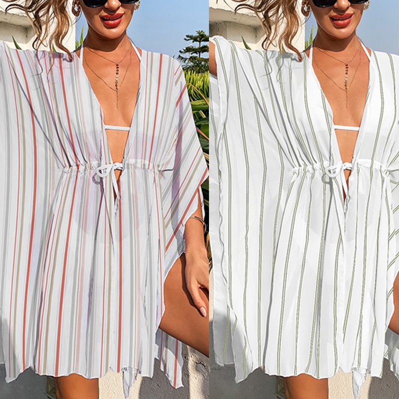 Brroa Áo Khoác Ngoài Bikini Dáng Rộng Họa Tiết Kẻ Sọc Thời Trang Đi Biển Xinh Xắn Cho Nữ