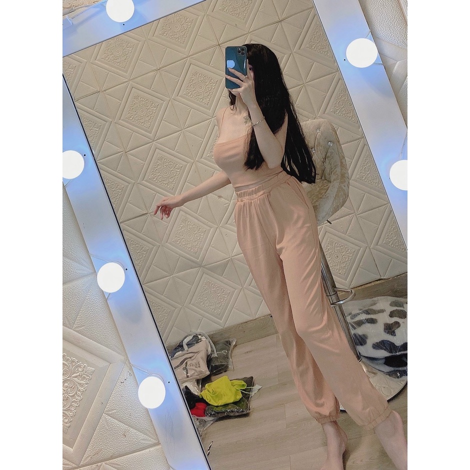 set áo 2 dây bún kèm quần bo ống thun cotton dày dặn