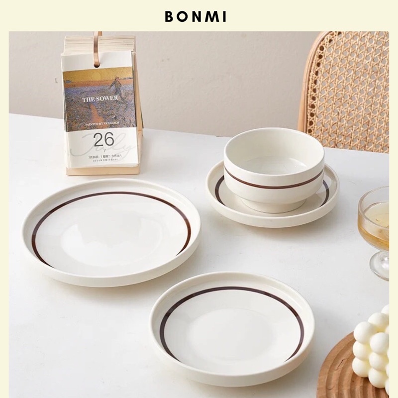 Tô đĩa viền nâu sâu lòng phong cách Hàn Quốc- BONMI DECOR