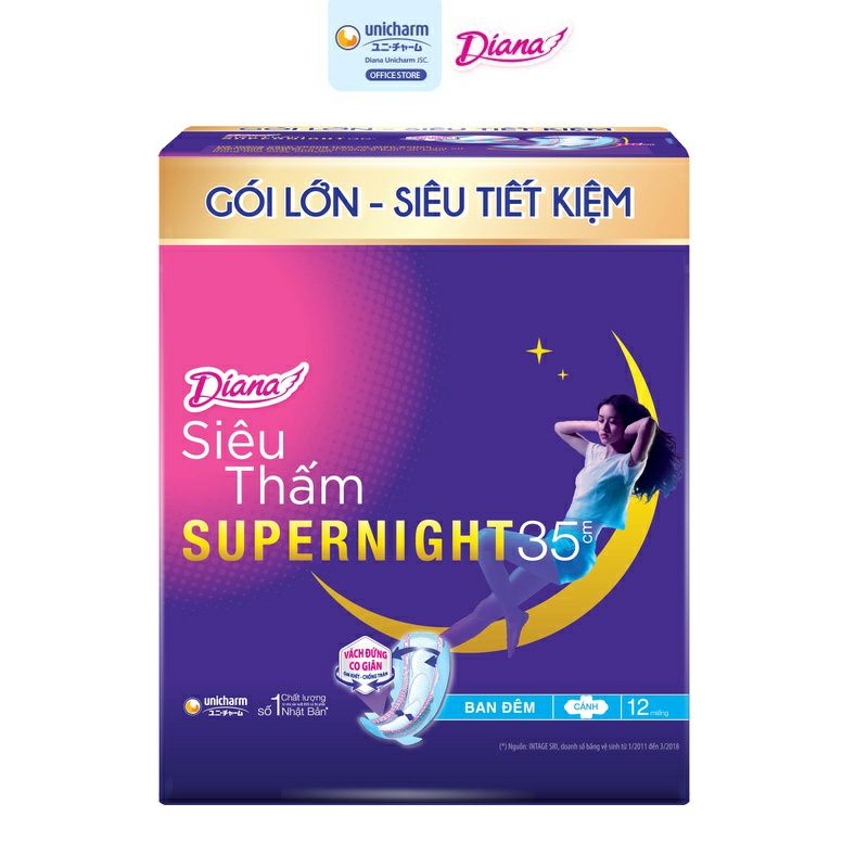 Băng vệ sinh Diana Super Night 35cm siêu thấm gói 12 miếng, Băng vệ sinh Diana ban
