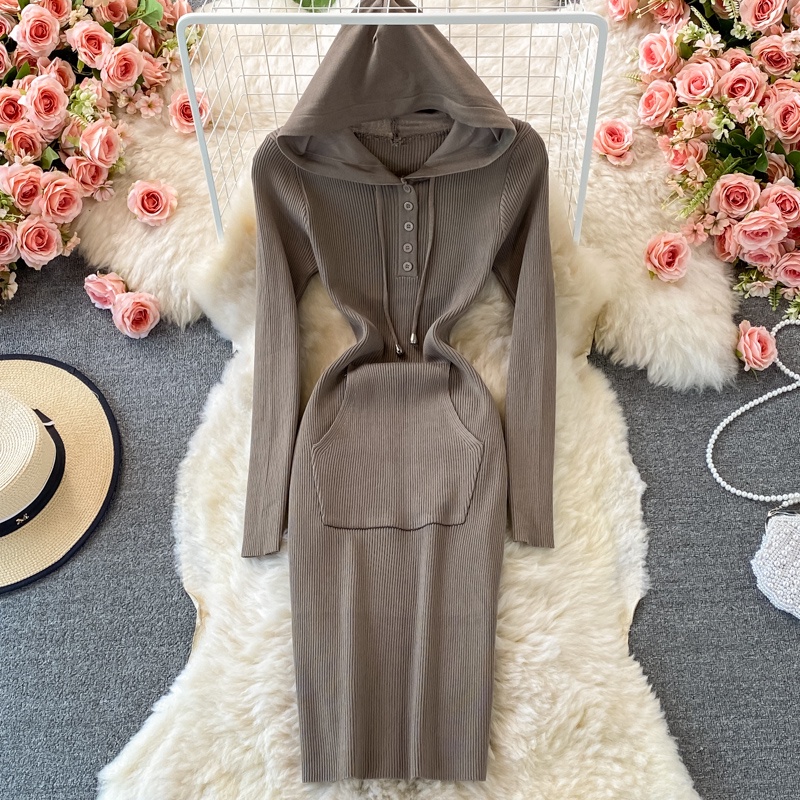 Đầm len có mũ, váy len dệt kim dáng ôm Đ895