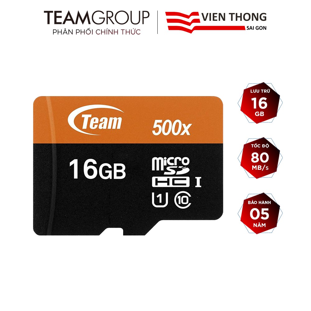 Thẻ nhớ microSDHC Team Group 16GB upto 80MB/S 500x class 10 U1 (Cam)