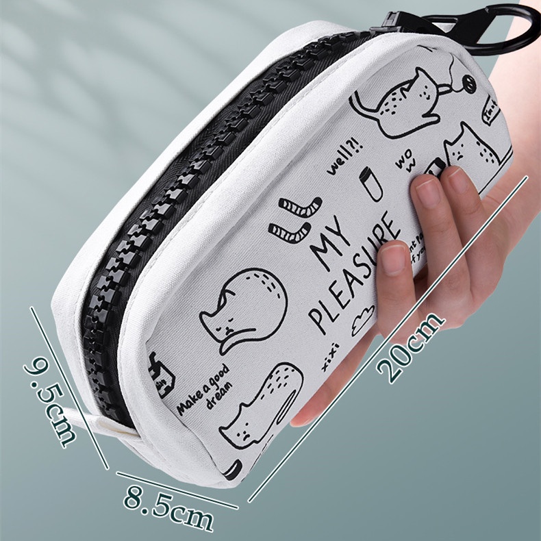 Túi Đựng Bút Màu Trắng Đen Sức Chứa Lớn Có Khóa Kéo Dành Cho Học Sinh