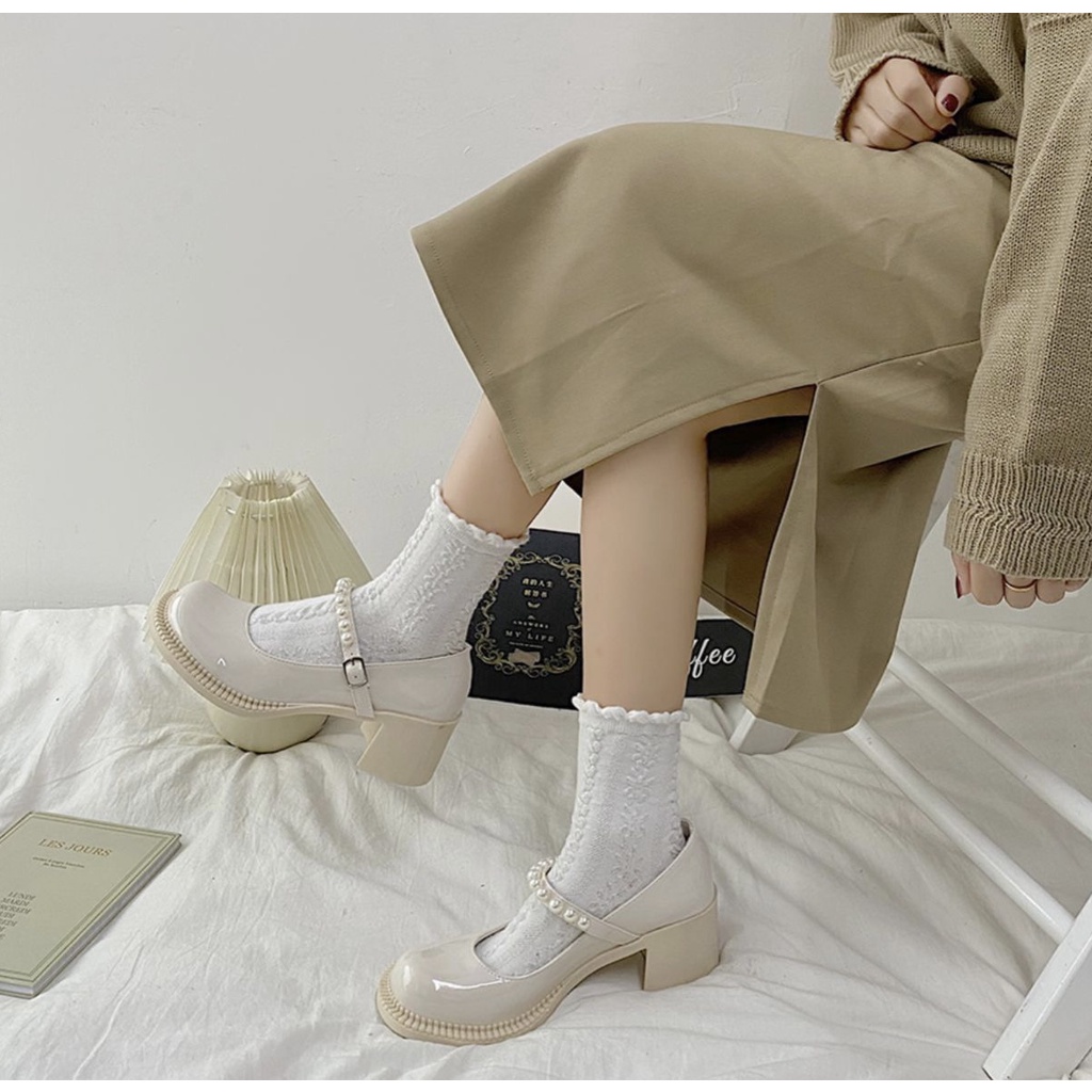 Giày Lolita quai ngang đính ngọc, giày cao gót quai ngọc 5,5P đế vuông