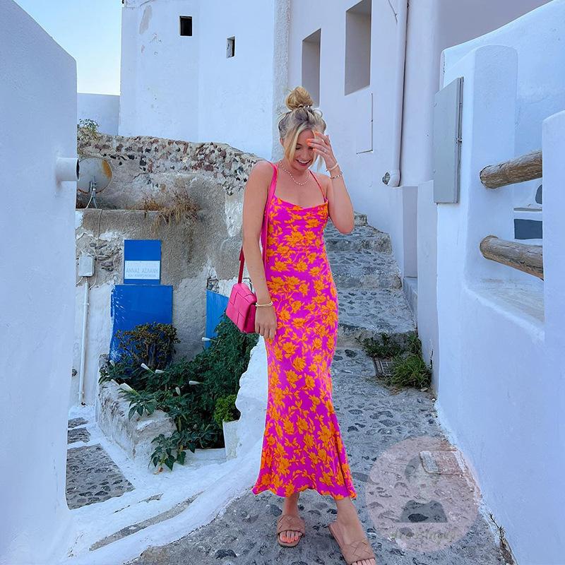 Đầm Dài Hai Dây Chéo Lưng In Hoa Thời Trang Mùa Hè Dành Cho Nữ