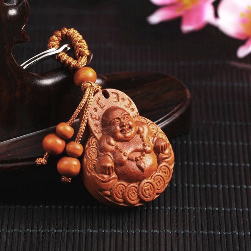 Móc chìa khóa hình đức Phật may mắn bằng gỗ tự nhiên chất lượng cao