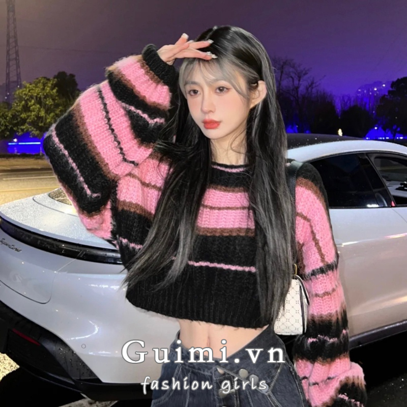 NZN Áo Croptop Dệt Kim Kẻ Sọc Kiểu Hàn Quốc Thời Trang Mùa Thu Cho Nữ