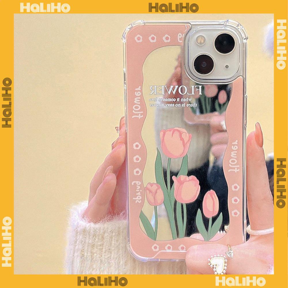 iPhone Case Acrylic Reflective Mirror Airbag Shockproof Protection Camera Pink Tulip Flower Compatible with iPhone 11 iPhone 13 Pro Max iPhone 12 Pro Max iPhone 7 Plus iPhone xr