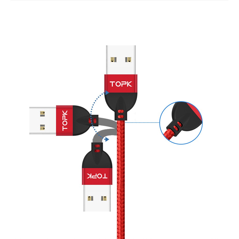 Cáp sạc từ hít nam châm Micro USB,Type-c,Lightning TOPK dòng 3A Hỗ trợ sạc nhanh , truyền dữ liệu hai mặt,dây dù