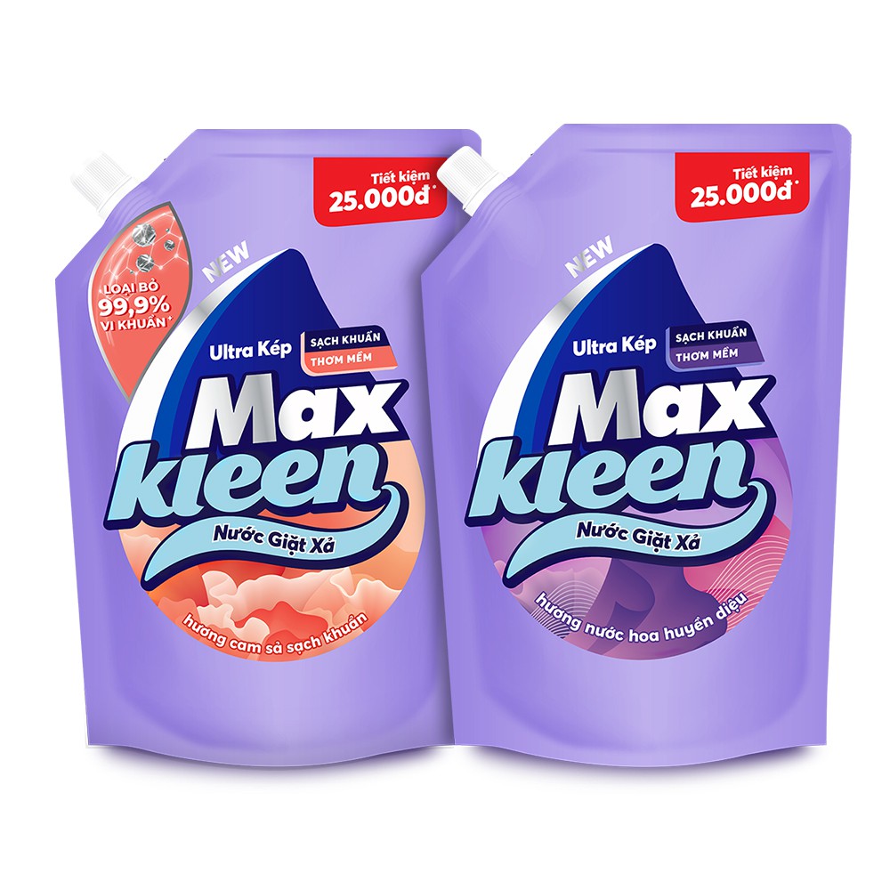 Combo 2 túi nước giặt xả Maxkleen 2.4L/ túi hương Huyền Diệu + Hương Cam Sả
