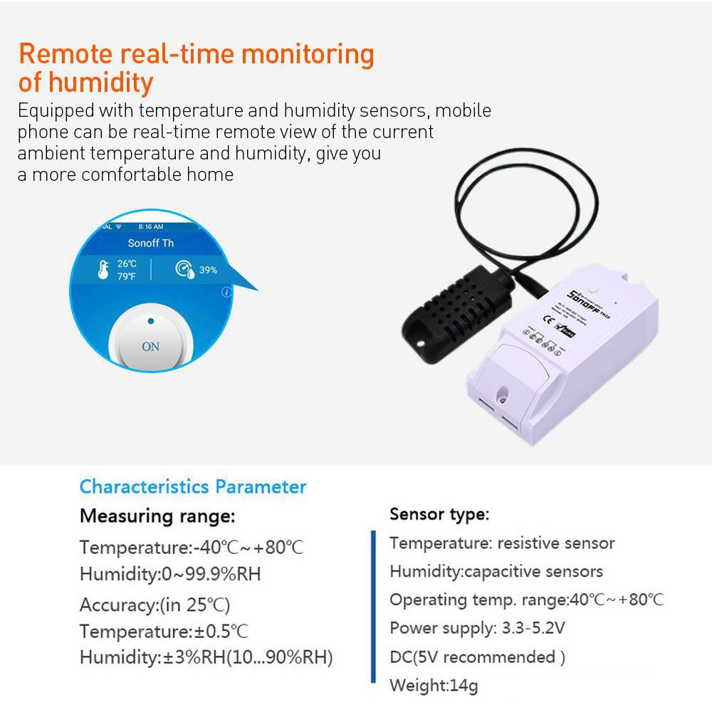 SONOFF TH16 (16A), công tắc WIFI, điều khiển từ xa, có hỗ trợ cảm biến nhiệt, độ ẩm