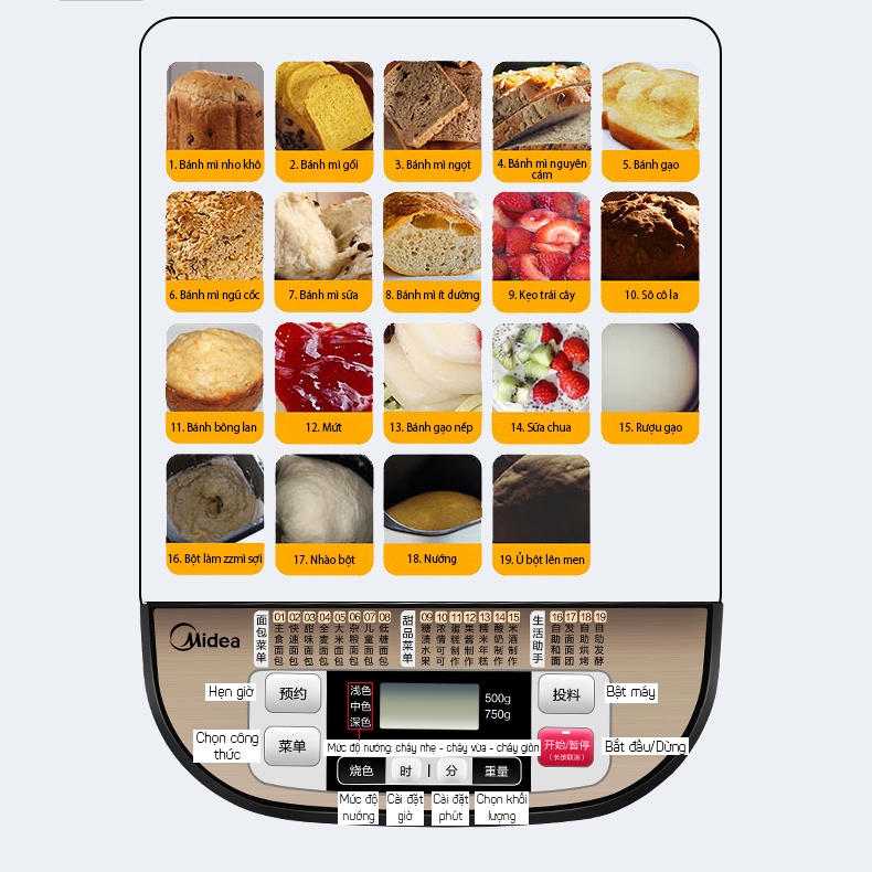 Máy làm bánh mì tự động MIDEA MM-ESC1510 dùng trong gia đình, 19 thực đơn bánh mì, sữa chua