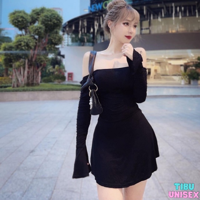 Đầm body sexy tay dài loe TIBU, Váy nữ ôm trễ vai xoè màu đen chất thun gân co dãn dự tiệc đi chơi cực xinh