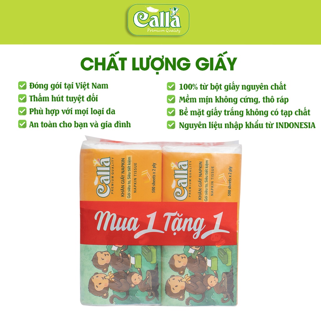 Lô 02 bịch giấy ăn Calla Napkin 500 tờ + 500 tờ khổ 24 cm x24cm mềm, không mủn, không tẩy trắng